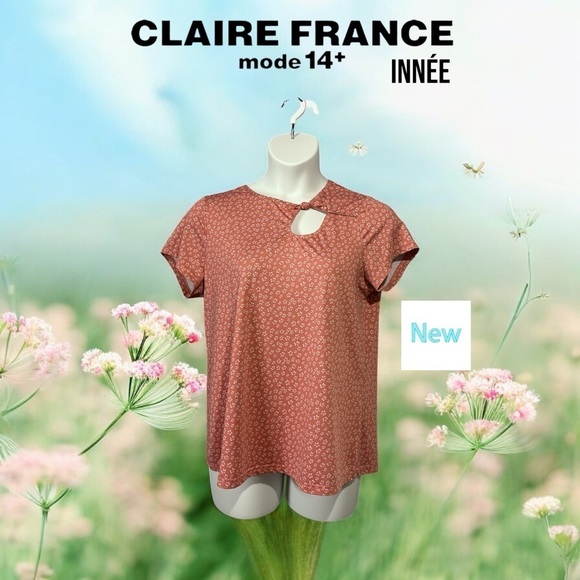 Innée by Claire France Tops - Innée by Claire France, Plus-Size Short Sleeve Top, 1X, Pink & White